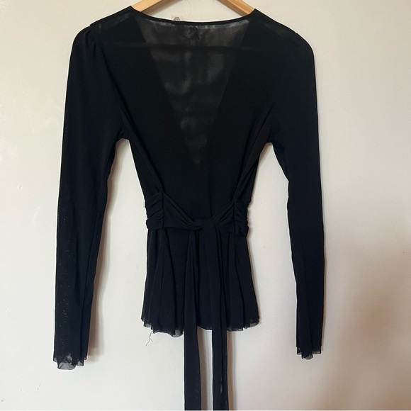 Maeve Black Nylon Front Tie Low Cut Long Sleeve Top PP - Picture 2 of 5